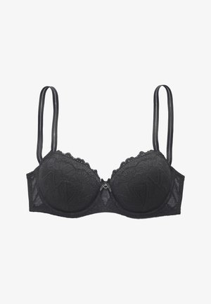 Schwarzer Spitzen-Balconette-BH mit Bügel, verstellbaren doppelten Trägern und einer kleinen Schleife in der Mitte vorne.
