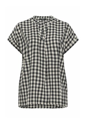 Kurzärmlige Bluse mit schwarz-weiß kariertem Muster, rundem Ausschnitt und vorderer Faltenverzierung.