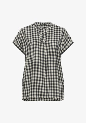 Zwart-wit geruite blouse met korte mouwen, een ronde hals en een geplooid detail aan de voorkant.
