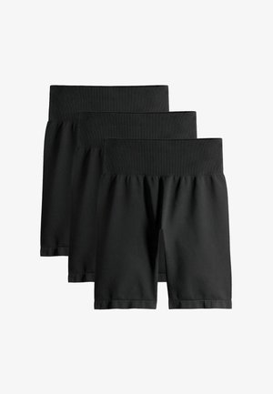 Juodi trumpi šortai iš medvilnės mišinio, su plačia elastine juosta juosmens srityje ir laisvu siluetu, pasižymintys tiesiu pjūviu ir kraštų detalėmis. Pavaizduoti trys vienetai.