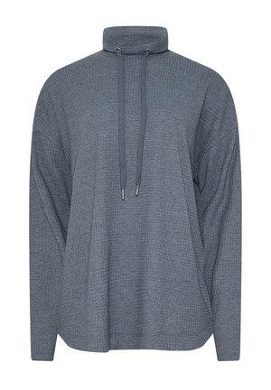 Pullover grigio, texturizzato, con colletto alto, chiusura con cordoncino e spalle scese. Presenta un tessuto morbido e confortevole.