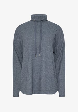 Pullover grigio, texturizzato, con colletto alto, chiusura con cordoncino e spalle scese. Presenta un tessuto morbido e confortevole.