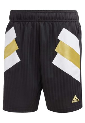 Czarne sportowe szorty z białymi i złotymi paskami typu chevron po bokach, elastycznym pasem i małym złotym logo Adidas na dole po prawej stronie.