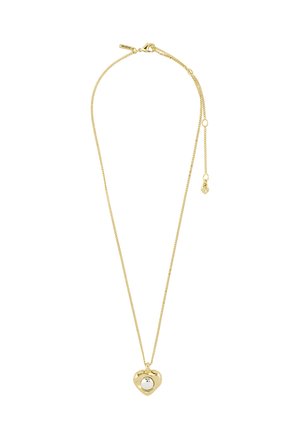 Goldkette mit herzförmigem Anhänger, der eine zentrale reflektierende silberne Kugel und einen verstellbaren Verschluss hat.