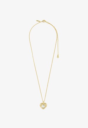 Goldkette mit herzförmigem Anhänger, der eine zentrale reflektierende silberne Kugel und einen verstellbaren Verschluss hat.