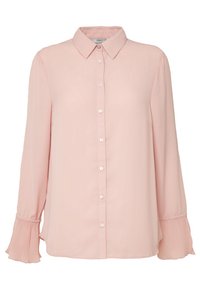 Helle rosa Bluse aus glattem Stoff, mit klassischem Kragen, Knopfleiste und gefältelten Manschetten an den langen Ärmeln.