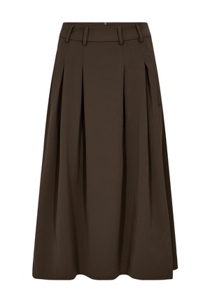 Brązowa plisowana spódnica wykonana z gładkiej tkaniny, z wysokim stanem z szlufkami na pasek, bocznymi kieszeniami i zwiewnym fasonem w linii A.