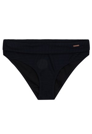 Braguita de bikini negra texturizada con una cintura ancha doblada y una pequeña etiqueta metálica de marca en el lado derecho.