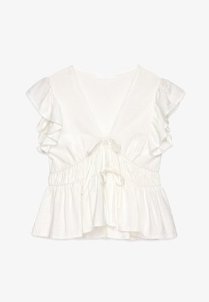 Top peplum blanc en tissu léger, avec un décolleté en V profond, des manches courtes à volants, un cordon de serrage réglable et un détail de taille froncée.