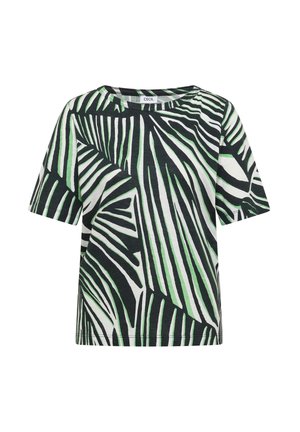 T-shirt a maniche corte bianca e nera con motivi astratti di foglie verdi e bianche, scollo rotondo e vestibilità ampia.