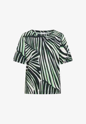 T-shirt manches courtes noir et blanc avec des motifs abstraits de feuilles vertes et blanches, col rond et coupe ample.