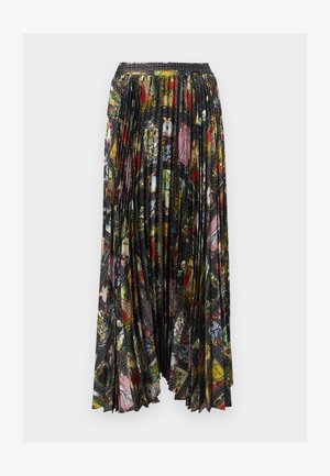 Jupe midi plissée avec une base noire ornée d'illustrations colorées de cartes de tarot et d'accents scintillants sur tout le tissu.