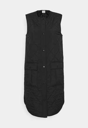 Zwarte gewatteerde mouwloze vest met een hoge kraag, voorste drukknoopsluiting en twee grote zakken, met een afgeronde zoom en textuurstof.