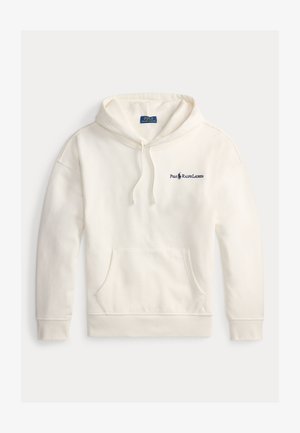 Fehér pamut kapucnis pulóver kenguru zsebbel, húzózsinórral ellátott kapucnival, és hímzett "Polo Ralph Lauren" logóval a bal mellen.