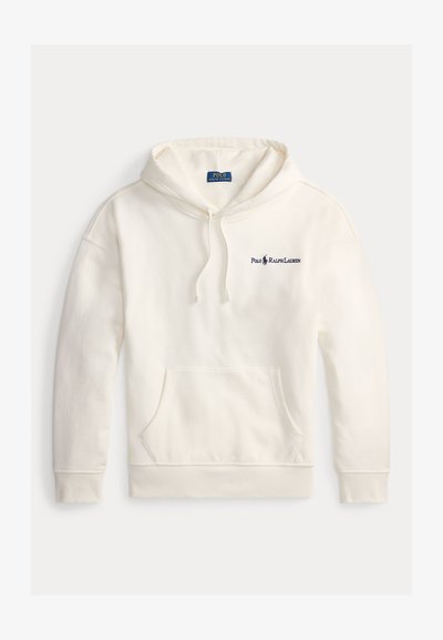 Bela bombažna kapuca s kengurujskim žepom, kapuco na vrvico in vezenim logotipom "Polo Ralph Lauren" na levem prsnem delu.