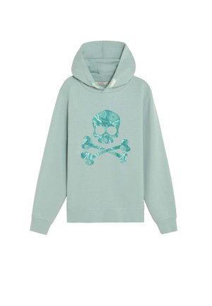 Sudadera con capucha de color verde claro con cordones, que presenta un gráfico de calavera y huesos cruzados en turquesa, relleno con patrones de vida marina en la parte delantera.