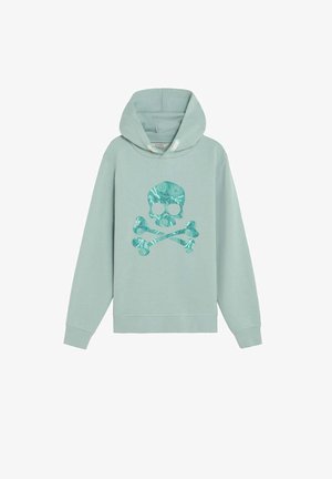 Sudadera con capucha de color verde claro con cordones, que presenta un gráfico de calavera y huesos cruzados en turquesa, relleno con patrones de vida marina en la parte delantera.