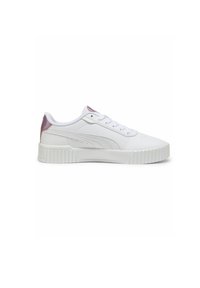 Sneaker bianche con tomaia in pelle liscia, punta rotonda e suola bianca texturizzata. Accento metallico rosa sul tallone e lacci bianchi.