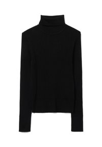 Schwarzer gerippter Rollkragenpullover mit langen Ärmeln und taillierter Passform. Weicher Stoff und gerade Saumhöhe an der Taille.