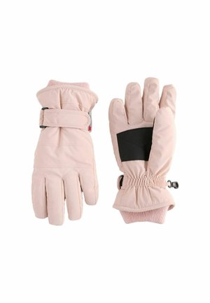 Pink insulated gloves with five fingers, elastic cuffs, and adjustable straps. Textured black palm for grip, soft lining for comfort.