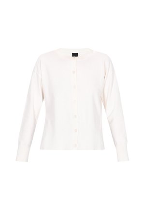 Bijela cardigan jakna od mekog pletiva, s okruglim izrezom, prednjim dugmadima i rebrastim manžetama i donjim rubom. Jednostavan i klasičan dizajn.