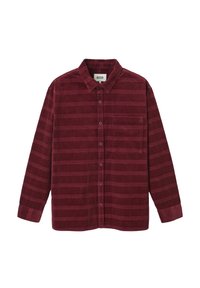 Chemise en velours côtelé marron avec des rayures verticales, manches longues, fermeture à boutons sur le devant et une poche poitrine. Texture douce avec un éclat subtil.