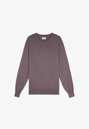 Suéter de hombre de manga larga con cuello en V en morado apagado, con puños y dobladillo acanalados, pequeño logotipo bordado en el pecho izquierdo.