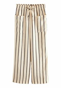 Pantalons crème avec des rayures verticales foncées, taille élastique avec cordon de serrage, deux grandes poches avant, fabriqués en tissu léger.