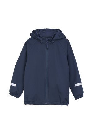 Marineblau leichte Jacke mit einem Frontreißverschluss, elastischen Bündchen, einer Kapuze und reflektierenden Akzenten an den Ärmeln. Glattes, wasserabweisendes Material.