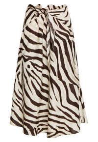 A mid-length skirt featuring a zebra stripe pattern in brown and beige, made from lightweight fabric with a tied waist detail.