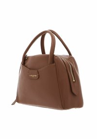 Sac à main en cuir brun avec une finition texturée, poche latérale zippée, doubles poignées et un accent logo doré à l'avant.