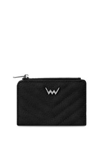 Black leather wallet with a chevron pattern, zip closure, and a metallic emblem at the front. Compact rectangular shape.
