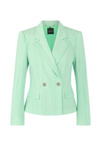 Mint green double-breasted blazer with elongated lapels, textured vertical folds, silver-tone buttons, and two front pockets.
