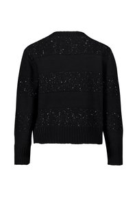 Pull noir avec des rayures scintillantes horizontales, ourlet et poignets côtelés, et un design classique à col rond. Matériel en tricot texturé, coupe décontractée.