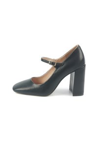 Black leather Mary Jane shoe with a pointed toe, adjustable strap, and a chunky heel. Smooth texture with a simple design.