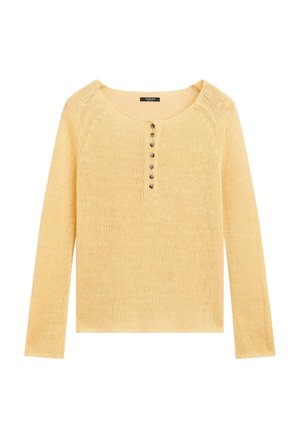 Světle žlutý pletený svetr s dlouhými rukávy, kulatým výstřihem a šesti malými knoflíky uprostřed vpředu.
