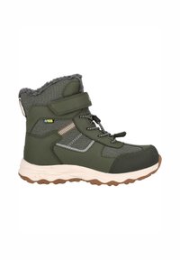 Botte de randonnée imperméable verte et grise avec doublure en fourrure, bride velcro, lacets et semelle marron robuste conçue pour une utilisation en extérieur.
