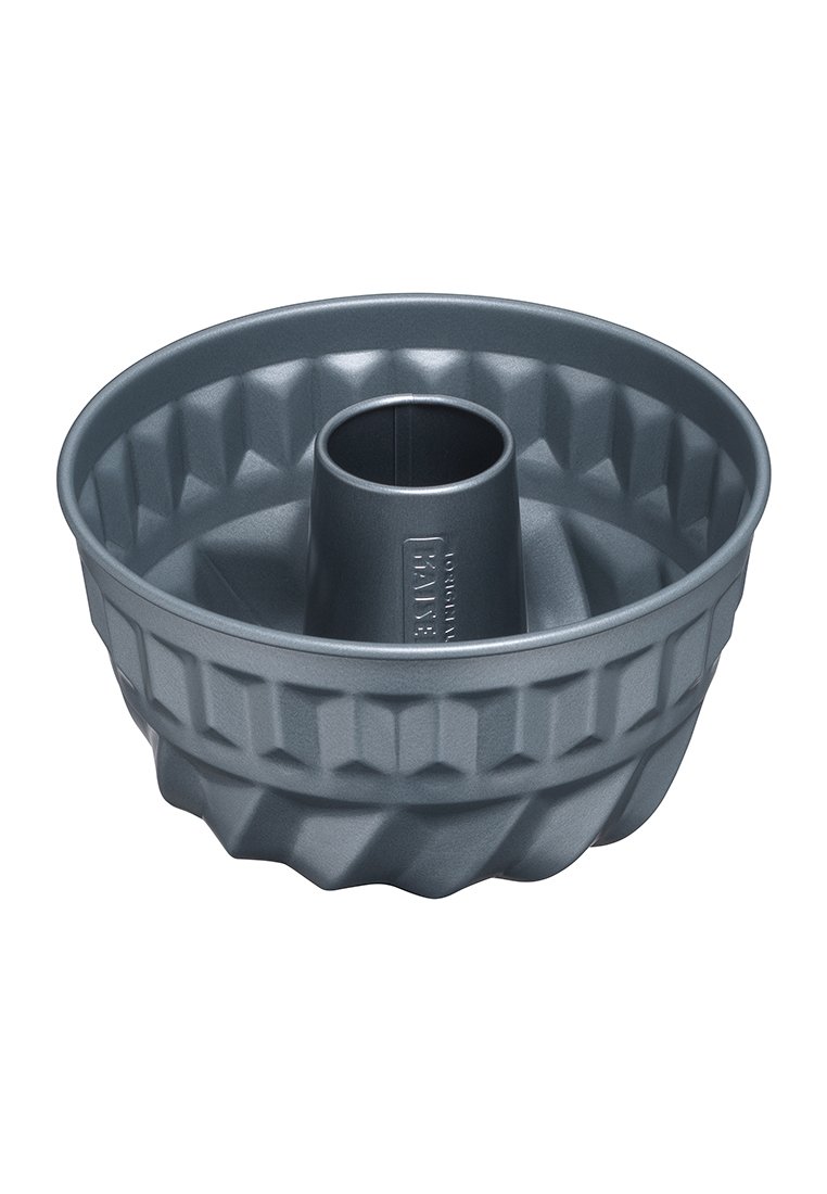 Teglia per bundt cake grigia con un design geometrico testurizzato e tubo centrale. Realizzata in materiale durevole, presenta una finitura liscia e antiaderente.