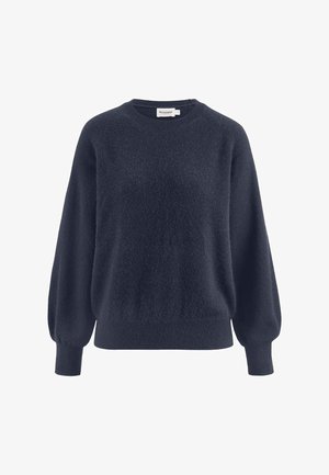 Marineblauwe trui met lange mouwen en ronde hals, met geribbelde manchetten en zoom, gemaakt van een zachte, gestructureerde gebreide stof.