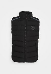 Gilet imbottito nero con collo alto, zip frontale e trama trapuntata orizzontale. Presenta un logo sul petto e strisce grigie sulle spalle.