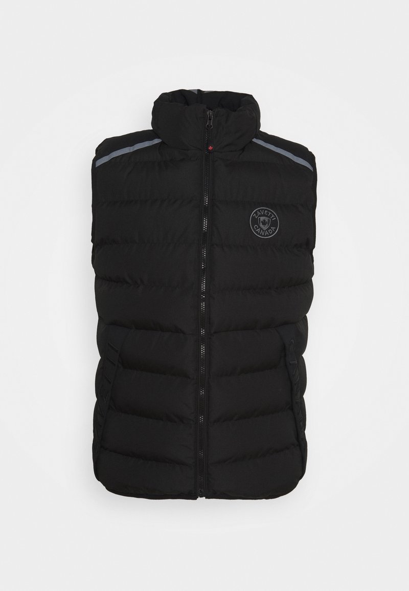 Gilet imbottito nero con collo alto, zip frontale e trama trapuntata orizzontale. Presenta un logo sul petto e strisce grigie sulle spalle.