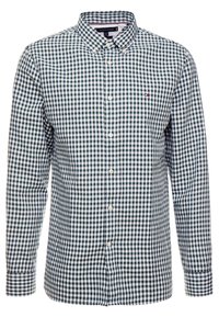 Camisa de cuadros verde y blanca de botones con cuello, de mangas largas y un pequeño logo en el pecho; tejido de algodón, corte regular.