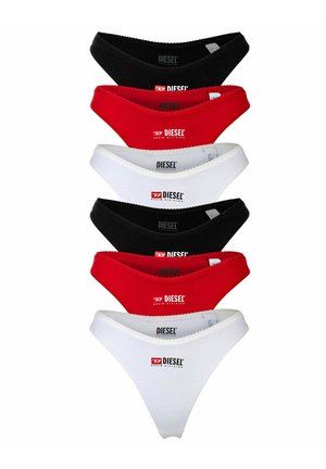 Seks Diesel mærkede dame bomulds g-strenge i sort, rød og hvid, arrangeret lodret i skiftevis farver.