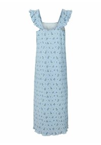 Robe sans manches bleu clair avec petit imprimé floral bleu et bretelles et ourlet à volants.