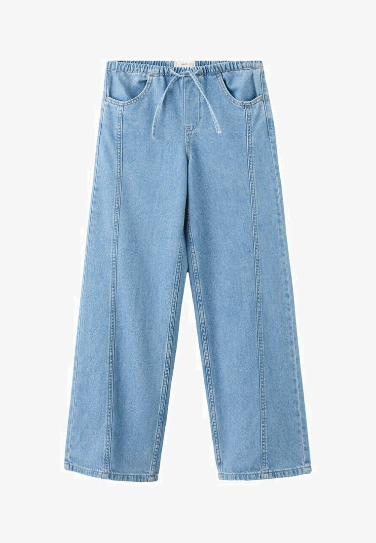 Svijetloplave široke traper hlače s elastičnim pojasom i remenom za stezanje, s prednjim džepovima i vidljivim detaljima šavova.