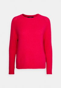 Fuchsia gebreide trui met ronde hals, lange mouwen en geribde manchetten en zoom. Zachte textuur en effen kleur zonder patronen.