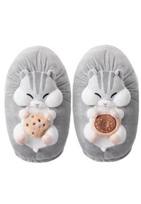Plush grey slippers shaped like a cartoon animal, featuring a cookie and donut in the front. Soft texture with padded soles for comfort.