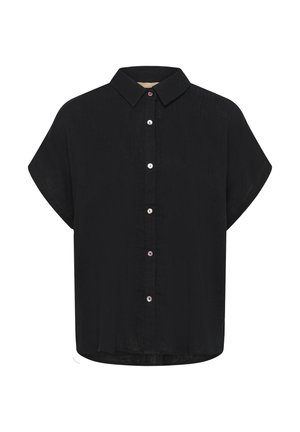 Mustast lühikeste varrukatega triiksärk kraega, millel on kuus nähtavat nööpi esiküljel ja veidi ümar serv.