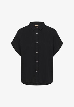 Mustast lühikeste varrukatega triiksärk kraega, millel on kuus nähtavat nööpi esiküljel ja veidi ümar serv.