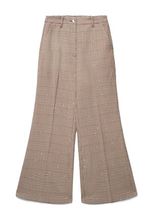 Pantalon taille haute à jambes larges avec un petit motif à carreaux marron, beige et noir, doté de passants de ceinture et d’une fermeture à bouton.